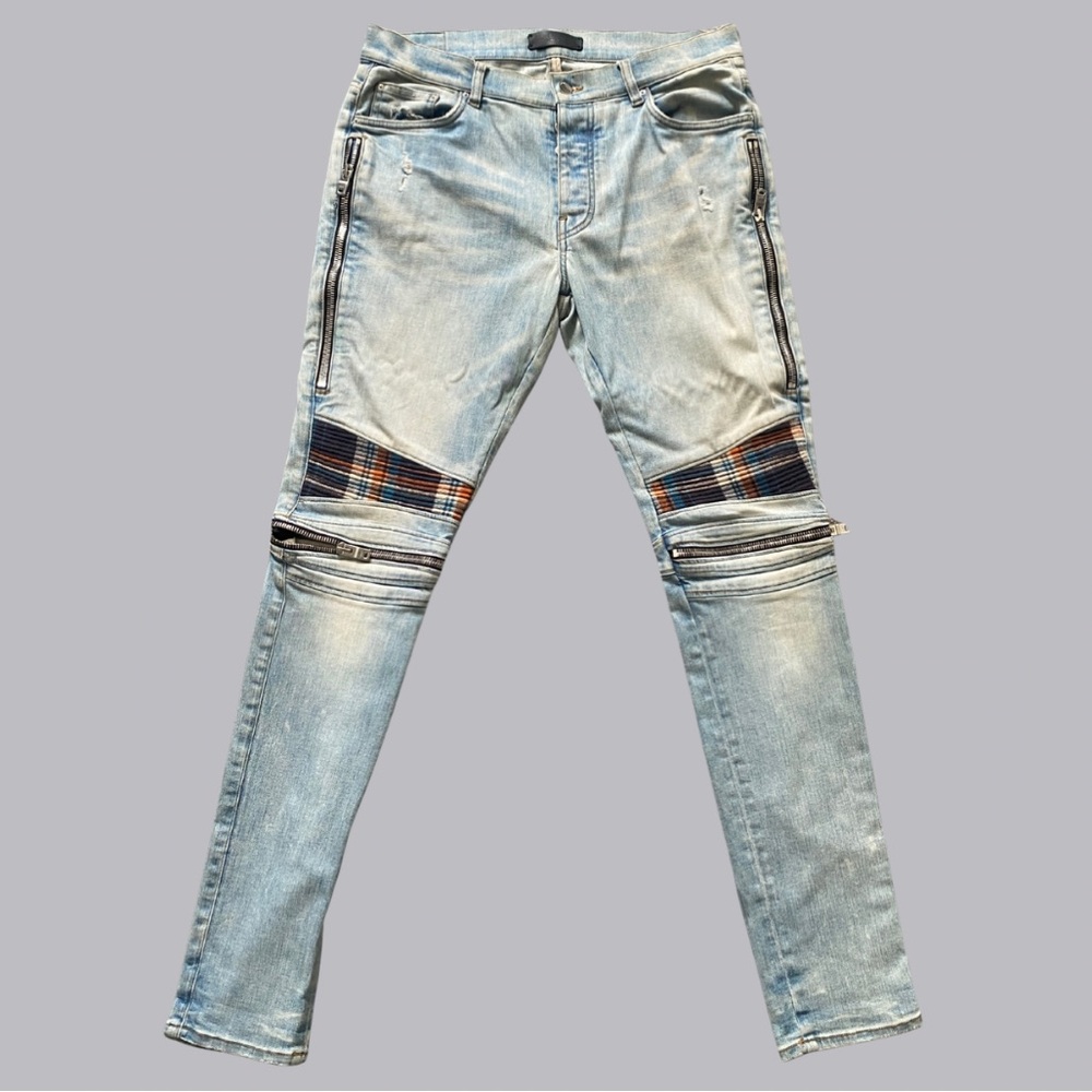 AMIRI Light Blue Skinny Jeans with Plaid Details